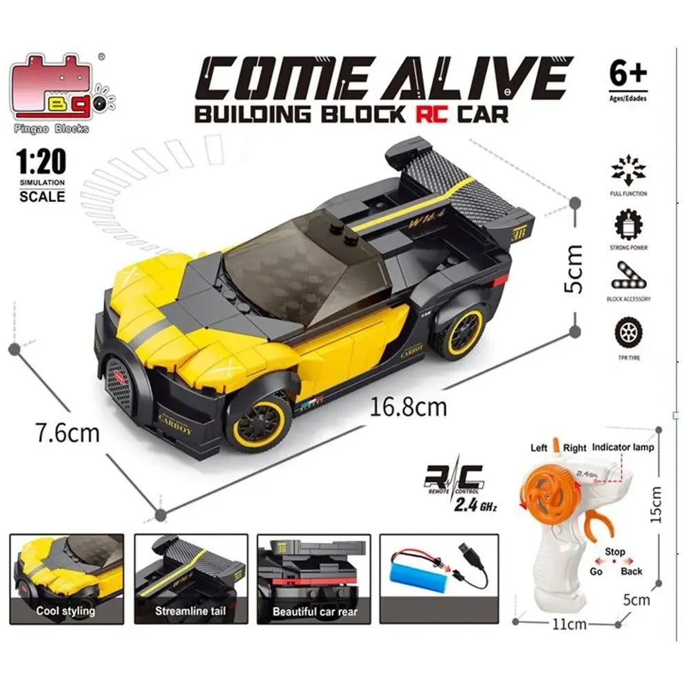 RC sportinis automobilis-konstruktorius, valdomas nuotoliniu pultu, su detalėmis ir ratlankiais, žaislas vaikams ir kolekcionieriams.
