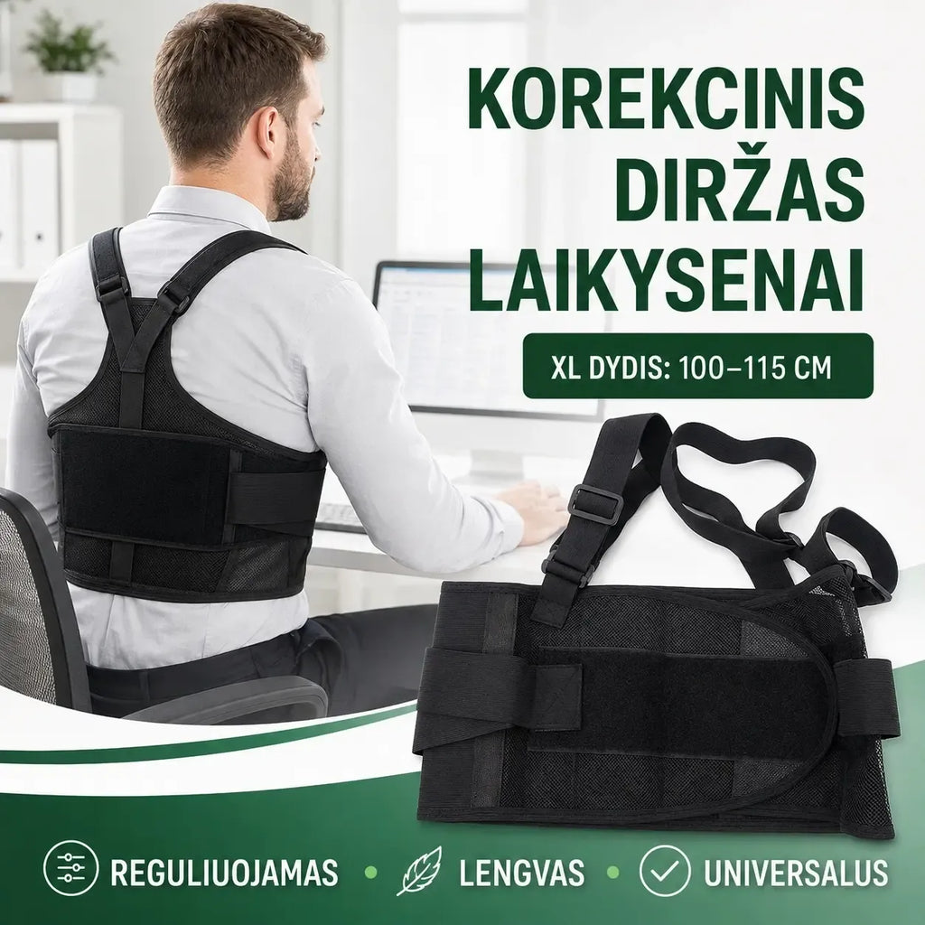 Korekcinis nugaros diržas laikysenai, patogus ir reguliuojamas, skirtas pagerinti stuburo laikyseną ir sumažinti diskomfortą.