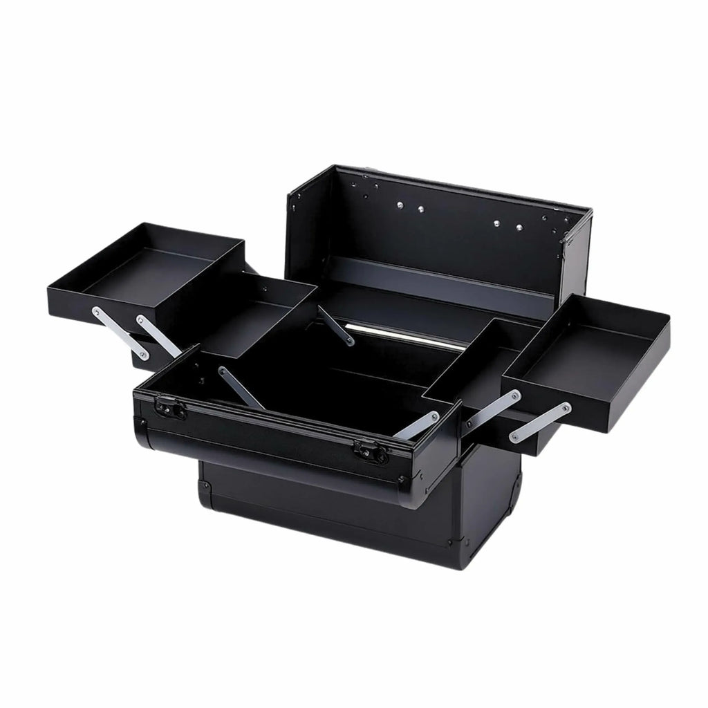 Juodas profesionalus kosmetikos lagaminas su matmenimis 32x28x21 cm, tinkantis kosmetikos priemonėms ir įrankiams laikyti.