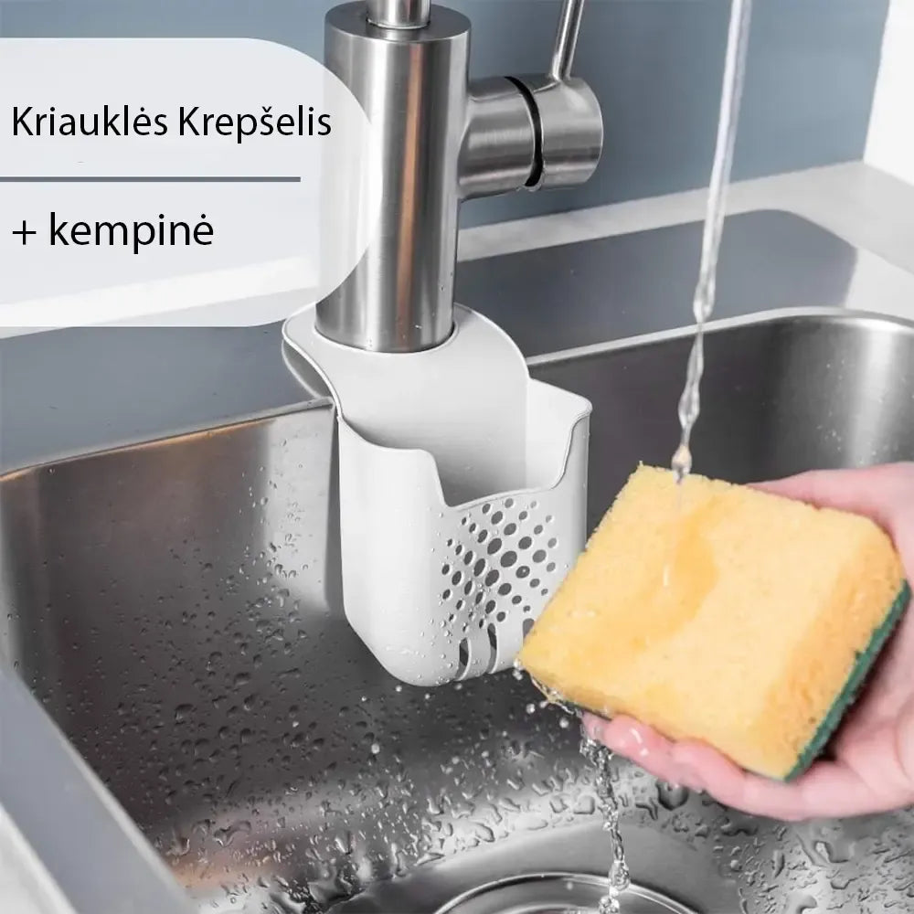 Daugiafunkcis silikoninis kriauklės krepšelis su kempine, tinkamas plovimui ir sandėliavimui virtuvėje, švarus ir patvarus.