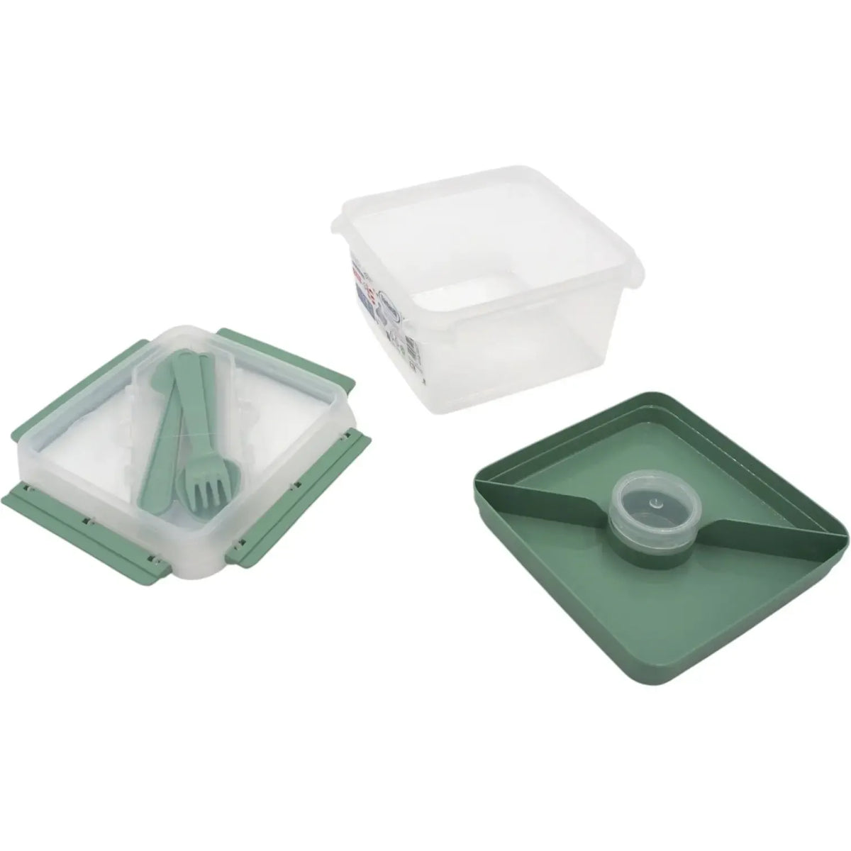 Kvadratinė maisto dėžutė su įrankiais ir vidiniu skyriumi, 2,25 l, plastikinis maisto laikymo indas.