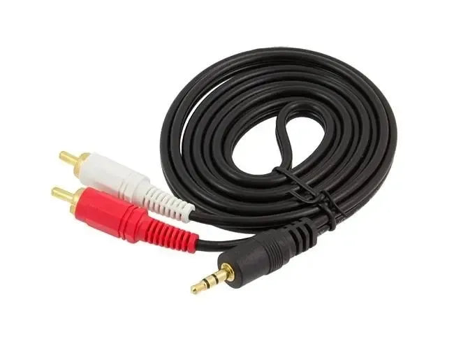 Garso laidas 3,5 mm į 2x RCA (tulpės), 1,5 m ilgio, juodas, sujungiantis audio įrenginius.