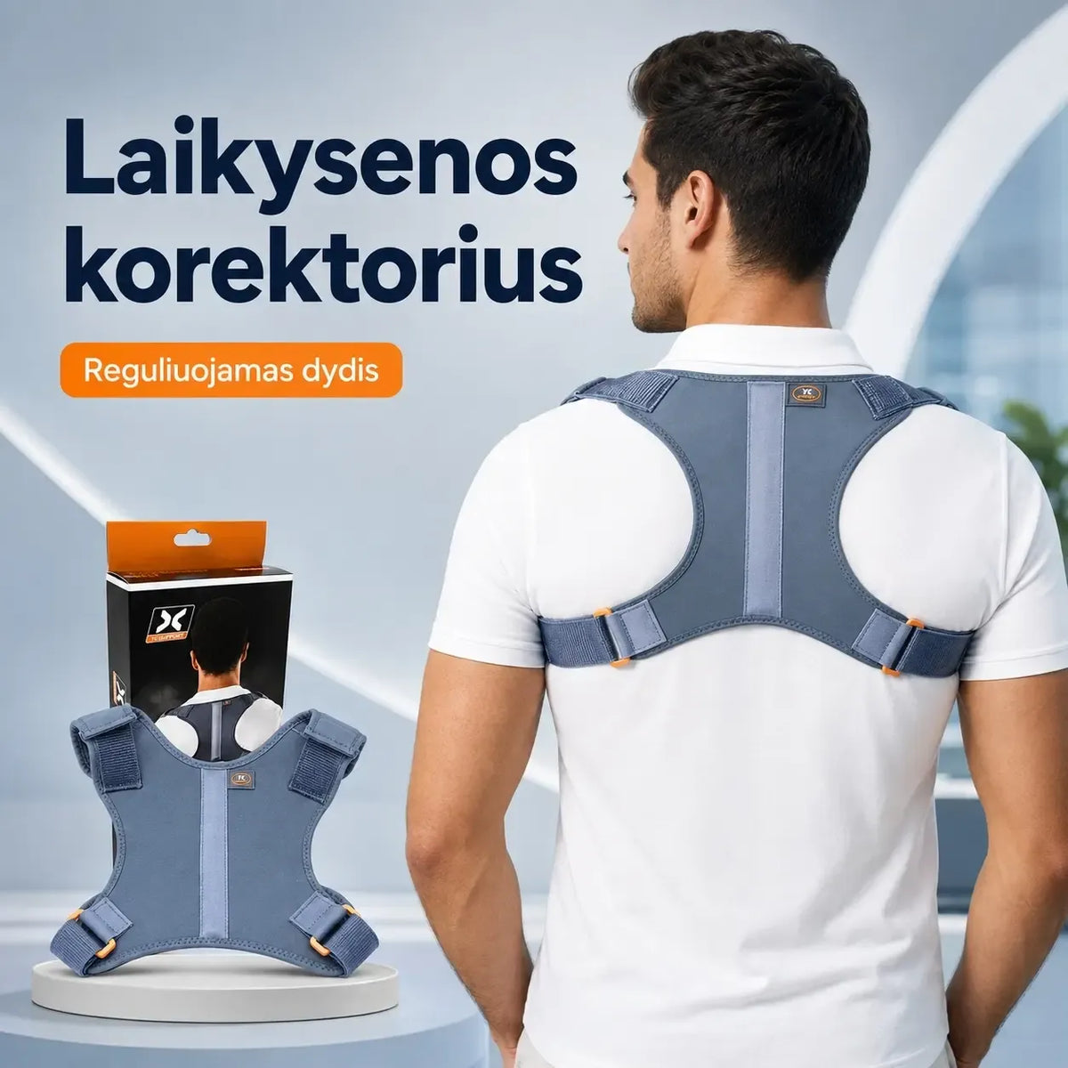 Nugaros laikysenos korektorius „Back Support Belt“ su reguliuojamais dirželiais ir komforto dizainu, tinka laikysenai gerinti.