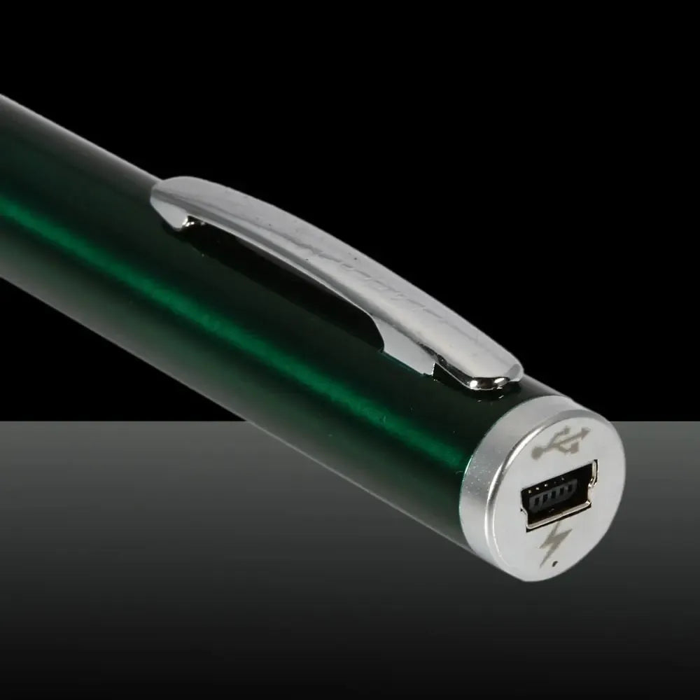 Galingas 500mW lazeris, įkraunamas per USB, su tamsiu korpusu ir reguliuojamu spindulio stiprumu.
