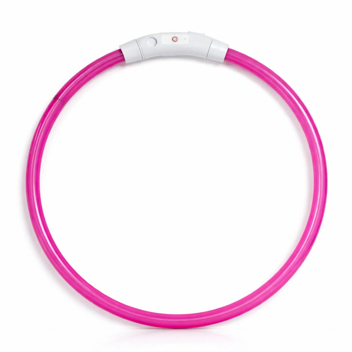 Šviečiantis rožinis LED antkaklis šunims, 20–24 cm, matomas tamsoje, pagerina matomumą ir saugumą šventinėse išvykose.