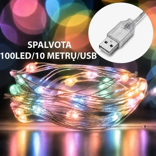 Spalvota LED girlianda su 100 šviesos diodais, 10 m ilgio, USB jungtis, dekoratyvinė apšvietimo girlianda.