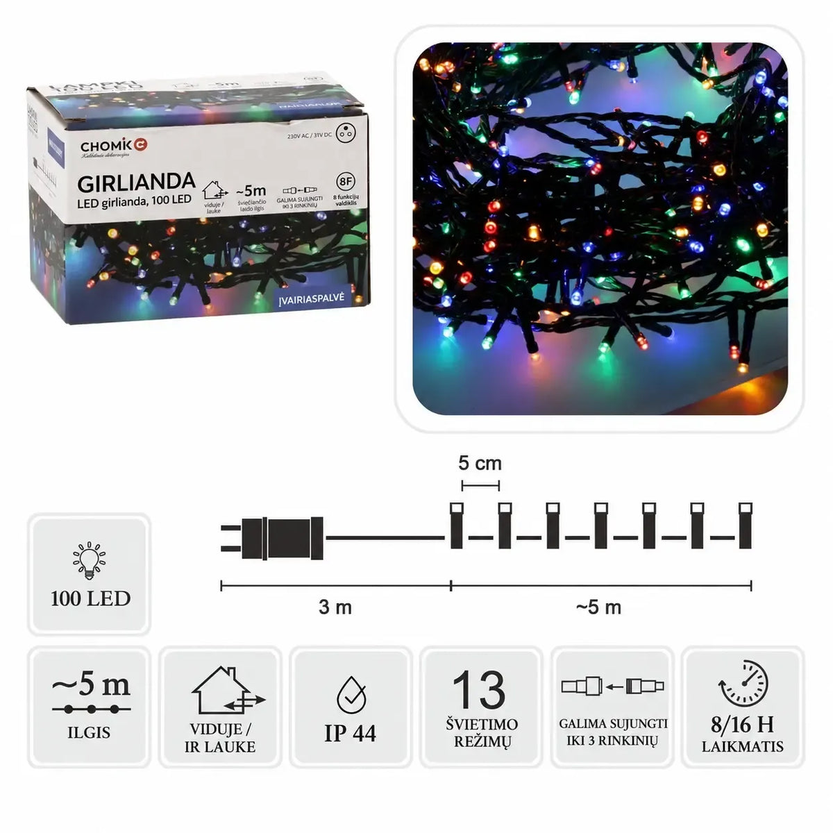 Spalvota LED girlianda su 100 LED ir 8 metrų ilgiu, šviečia ryškiai ir spalvingai, puikiai dekoracijoms ir šventėms.