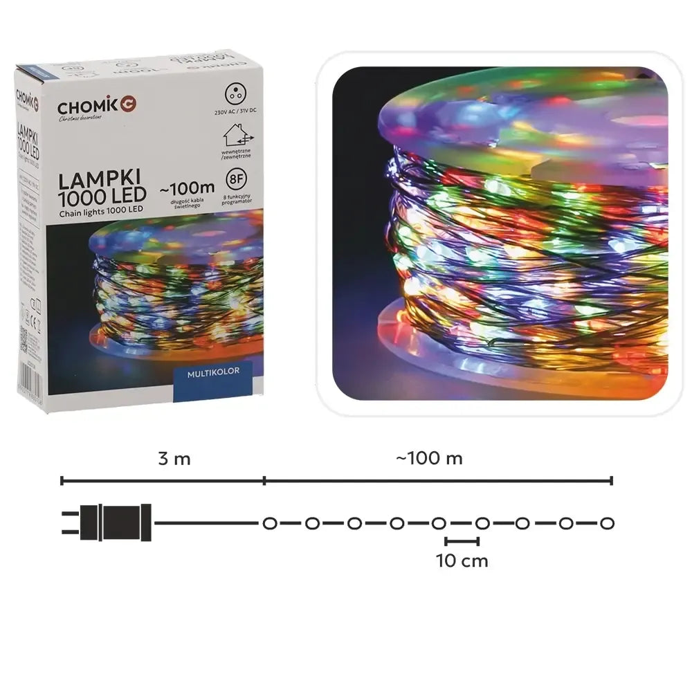 Ilgos multikolor LED girliandos su 1000 LED šviesos, 100 m ilgio, įrengta apšvietimo dekoracijai ir šventėms.