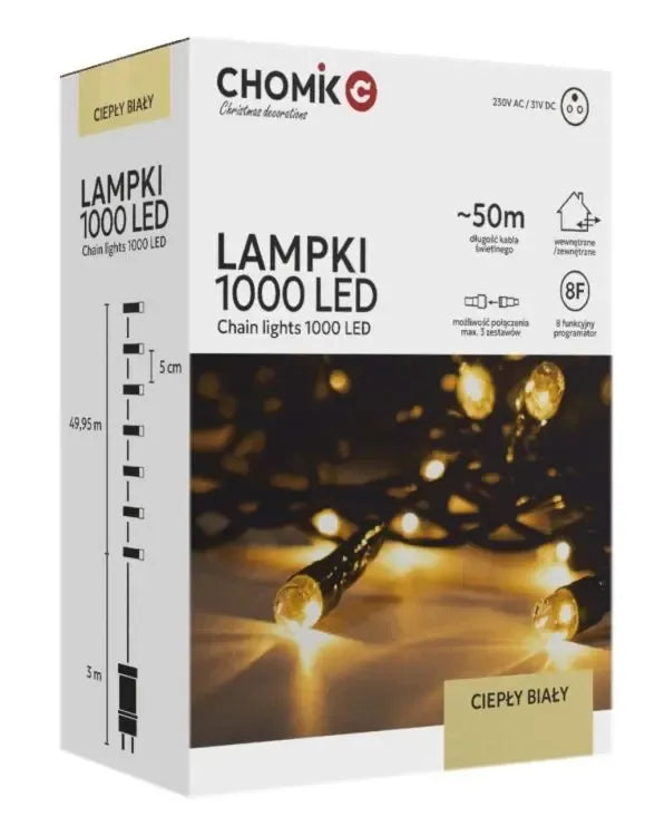Šilta balta LED girlianda su 1000 LED ilgio 53 m, šventinė apšvietimo dekoracija, matoma iliustracijoje.