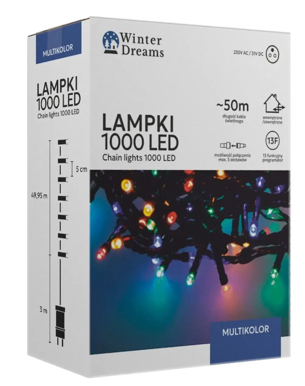 Spalvota LED girlianda su 1000 LED, 53 metrų ilgio apšvietimui ir dekoravimui.