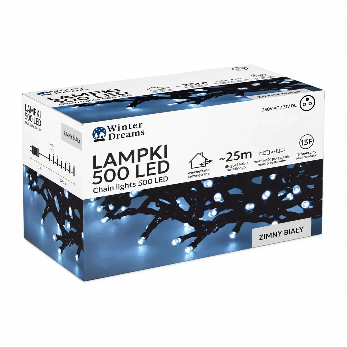 Šviesi šaltai balta LED girlianda su 500 LED, 28 m ilgio, puikiai apšvietimui ir dekoracijoms namuose ar lauke