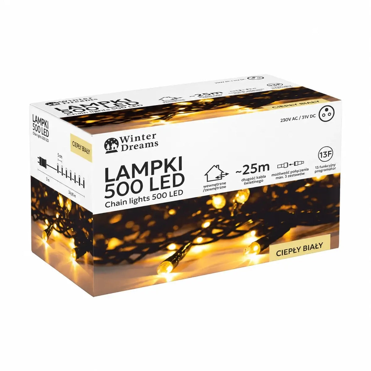 Šilta balta LED girlianda su 500 LED, 28 m ilgio, apšviečia erdvę jaukiomis šviesomis, puiki dekoracijai ir apšvietimui.