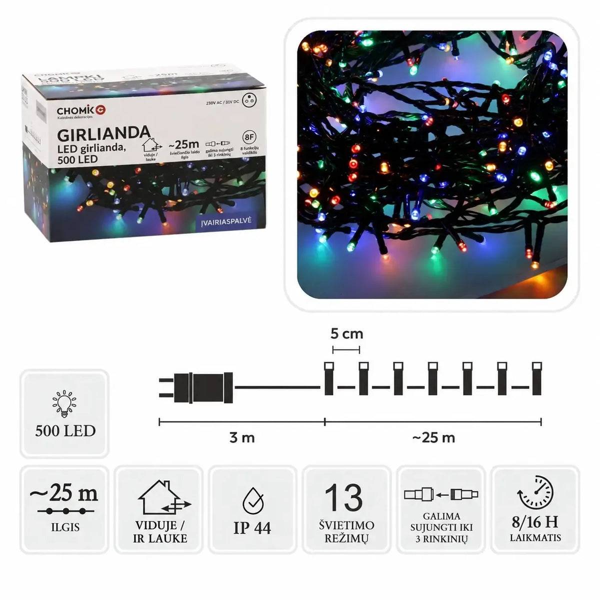Spalvota LED girlianda su 500 LED šviesomis, 28 metrų ilgio, namų ar renginių apšvietimui.