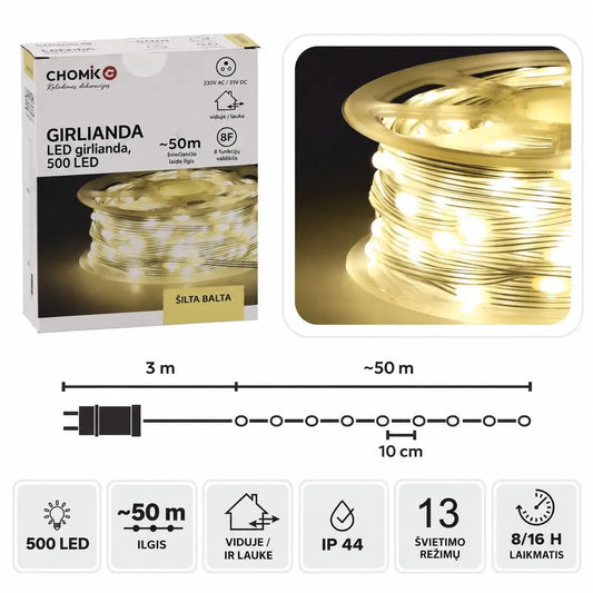 Šilta balta LED girlianda ant ritės, 500 LED, 53 m ilgio dekoratyviniam apšvietimui, skirtas interjerui ir išoriniams plotams.