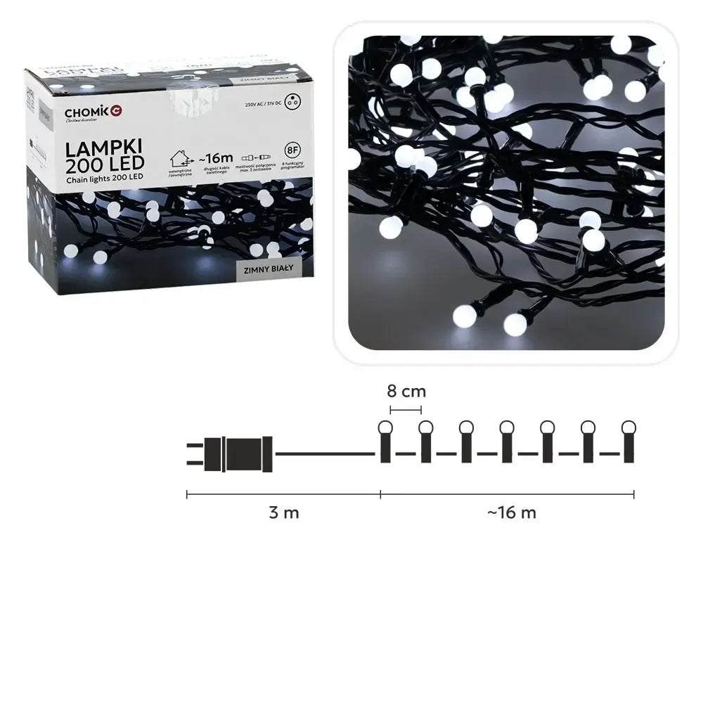 Šviesi LED girlianda „Ball Lights“ 200 LED, šaltai balta, 16 m ilgio, apšviečia erdvę su baltomis plastikinėmis lemputėmis.