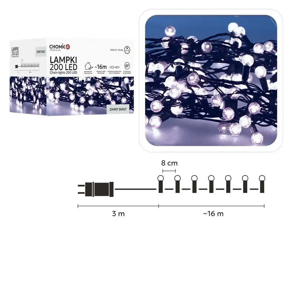 Šaltai balta LED girlianda Cherry Ball, 200 LED, 16 m ilgio, dekoratyvinė apšvietimo girlianda su ryškiomis lemputėmis.