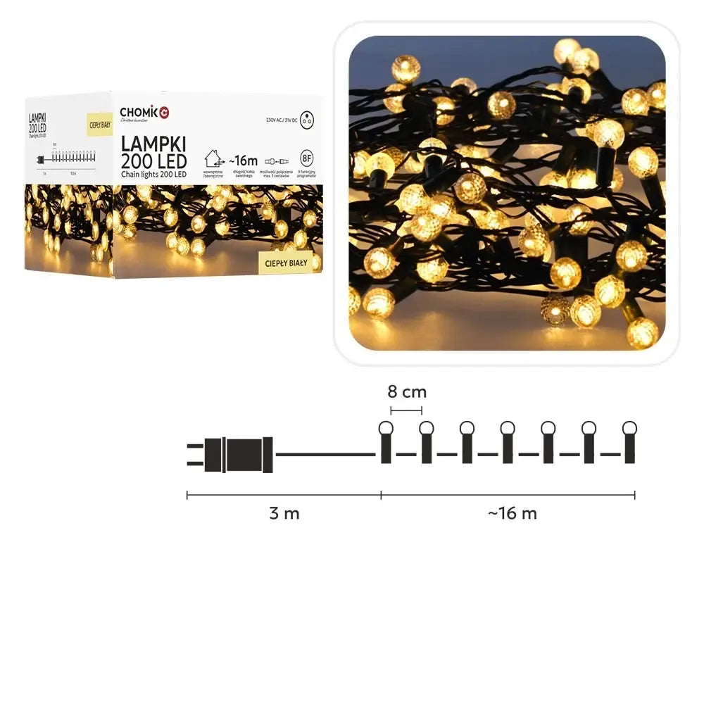 Šilta balta LED girlianda Cherry Ball, 200 LED, 16 m ilgio, dekoratyvi ir šviečianti girlianda namams ar renginiams