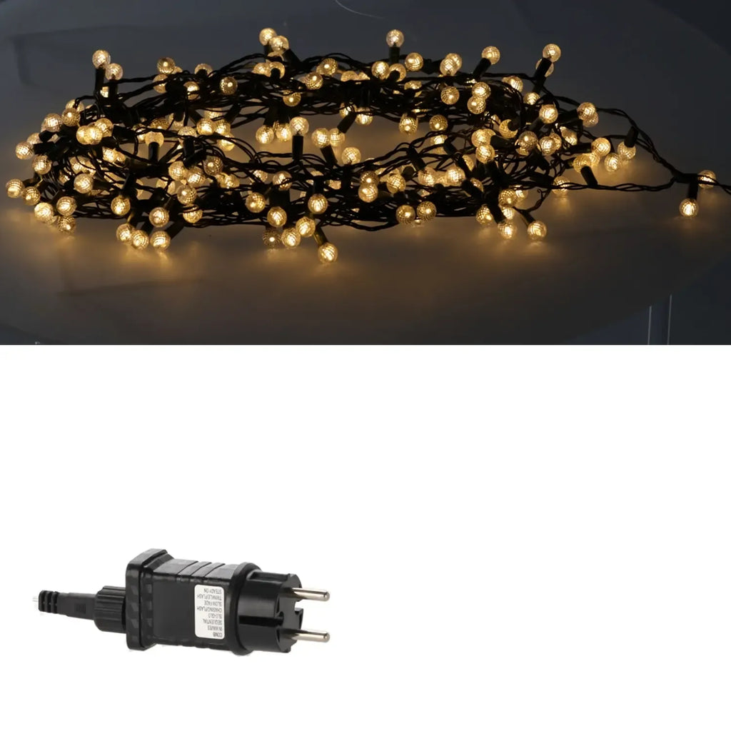 Šiltai balta LED girlianda Cherry Ball, 200 LED, 16 m ilgio, dekoratyvinė šviesos girlianda namams ar renginiams