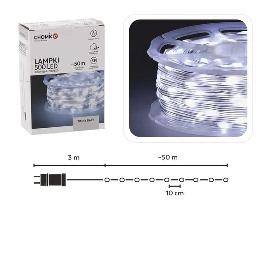 LED girlianda CHOMIK „Micro Wire Light“ 500 LED, šaltai balta, 50 m ilga, laidinė apšvietimo girlianda, skirta dekoracijoms