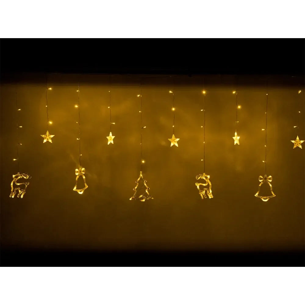 Šviesi LED girlianda „Christmas“ su žvaigždžių formomis, dekoratyvi ir spalvinga Kalėdų apšvietimo dekoracija.