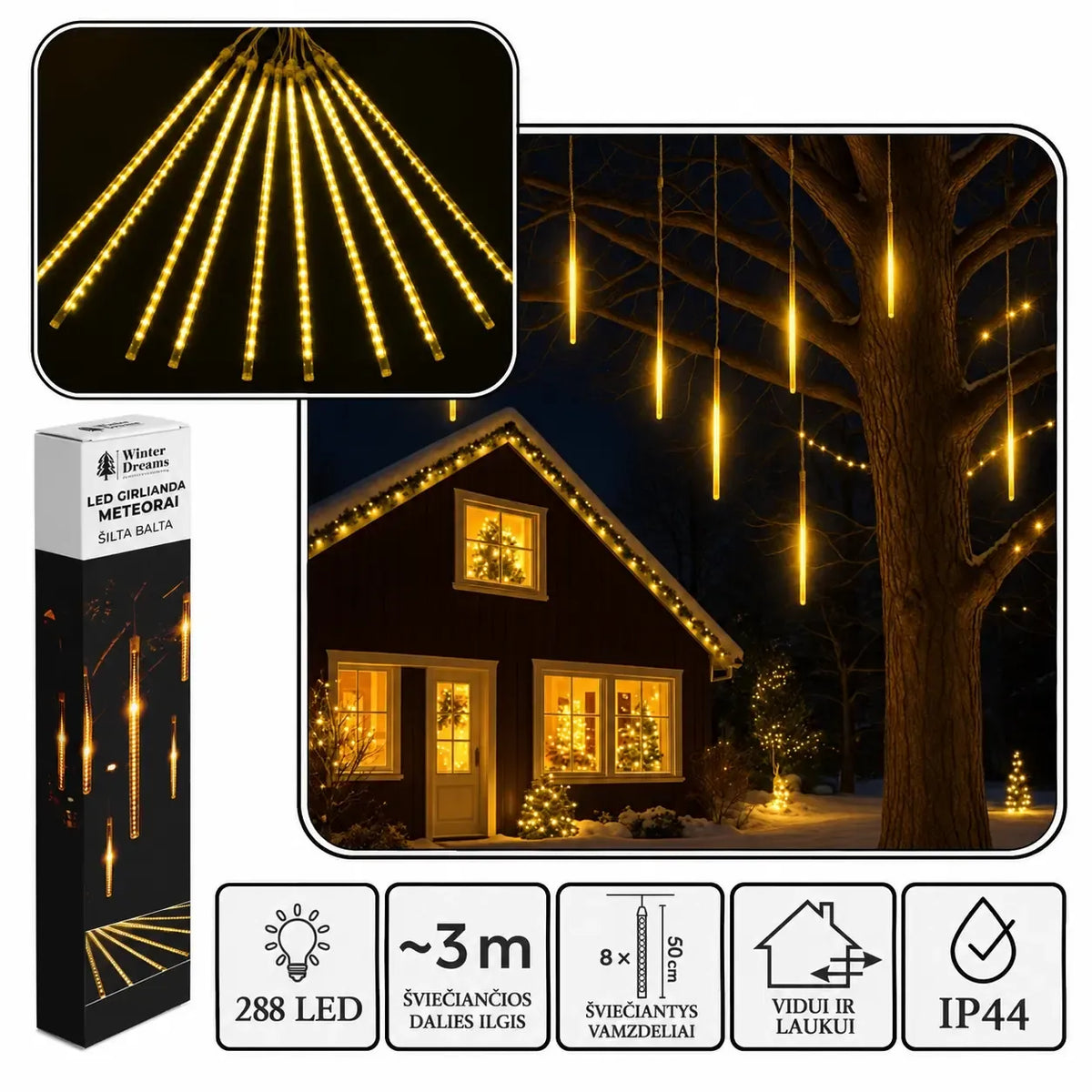 LED girlianda „Meteorai“, 8 × 50 cm, 288 šiltai baltų LED lempučių