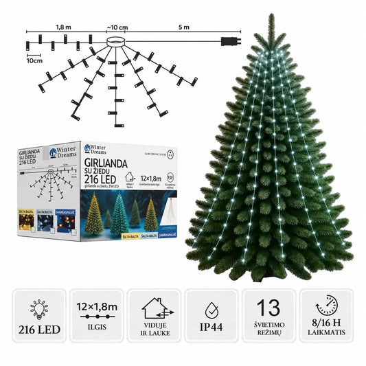 Šviesi LED girlianda su žiedu, 12×1,8 m, 216 šaltai baltų LED lempučių, puikiai apšviesti patalpoms ar lauko erdvei.