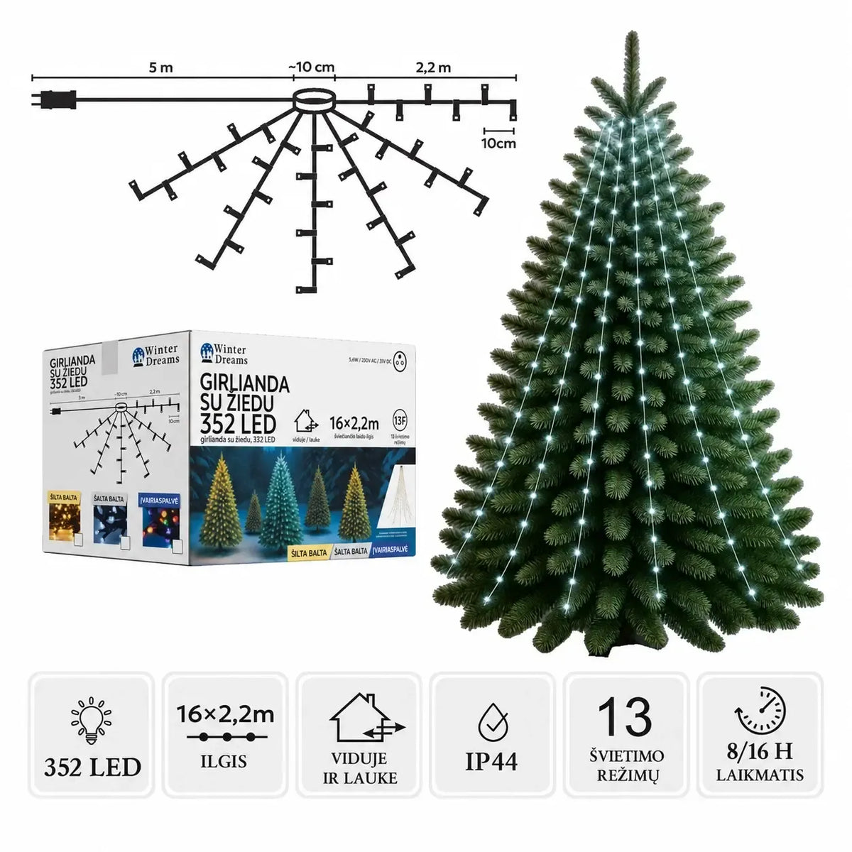 LED girlianda su žiedu, 16x2,2 m, 352 LED, šaltai balta, dekoratyvinė apšvietimo girlianda, skirta interjerui ir išoriniams vartojimams