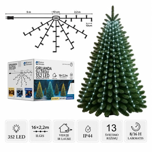 LED girlianda su žiedu, 16x2,2 m, 352 LED, šaltai balta, dekoratyvinė apšvietimo girlianda, skirta interjerui ir išoriniams vartojimams