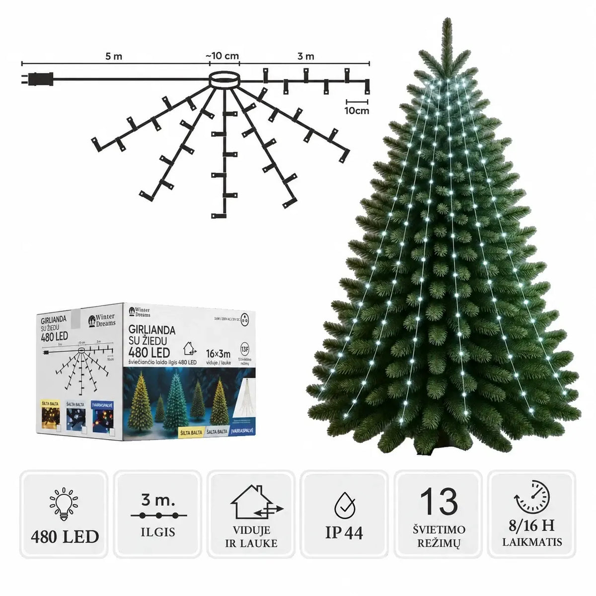 LED girlianda su žiedu, 16x3 m, 480 šaltai baltų LED lempučių, puikiai apšviečia ir dekoratyviai papuošia erdves.