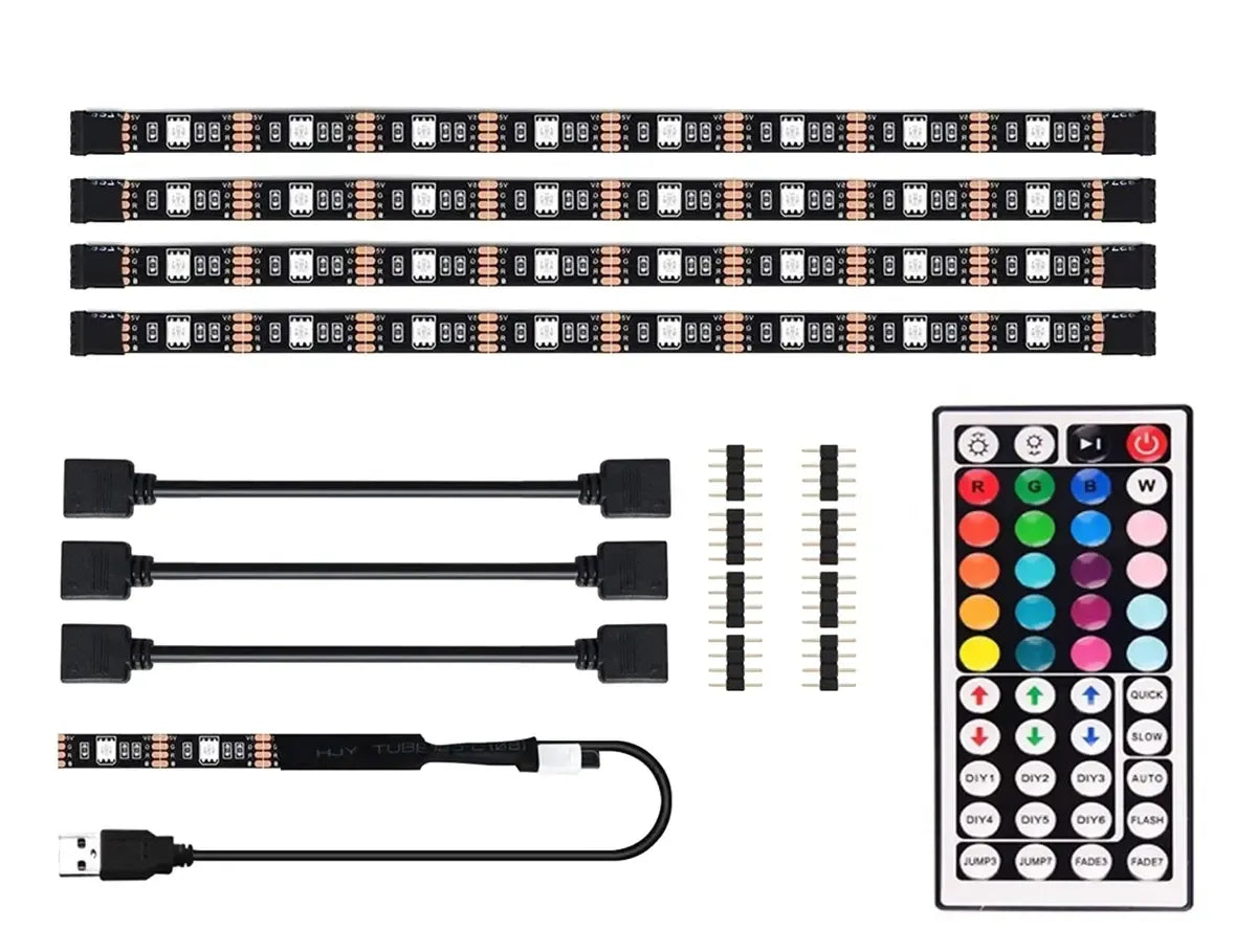 RGB LED juostų rinkinys televizoriaus apšvietimui, spalvingos šviesos diodų juostos su valdymo pultu ir jungtimis.