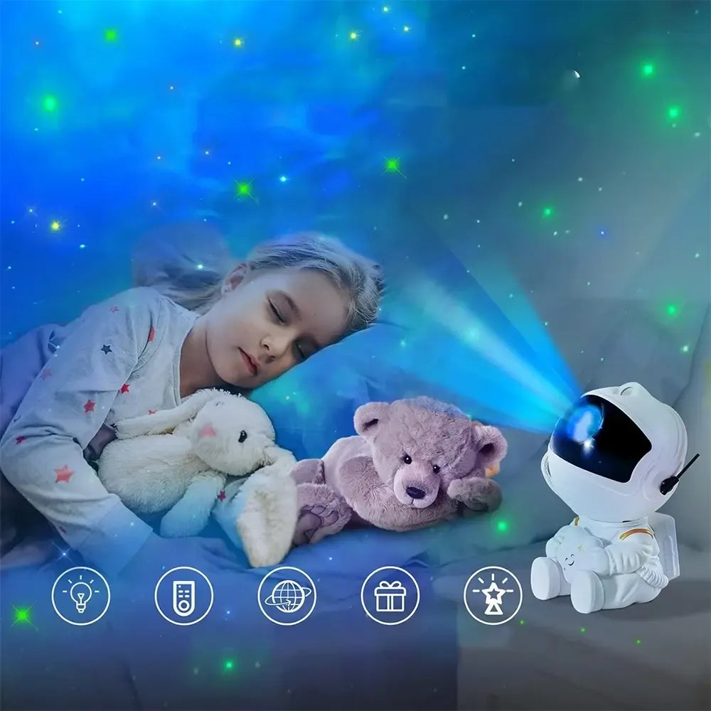 LED projektorius astronautas su Bluetooth funkcija, šviečiantis ir dekoratyvus vaikų kambario apšvietimas.