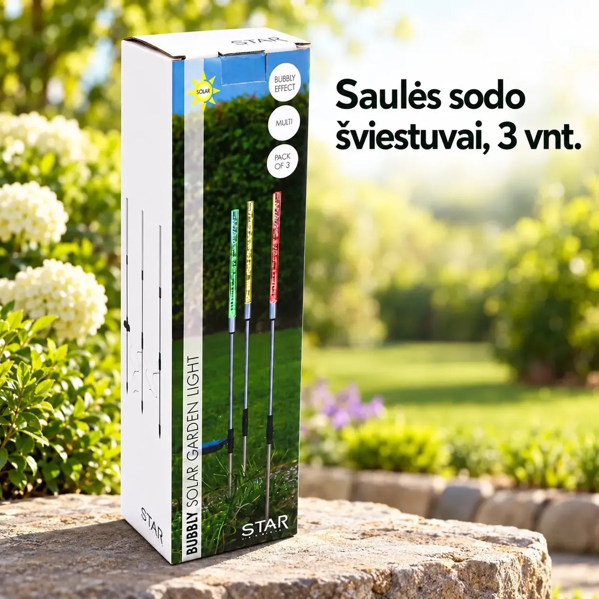 Trijų LED sodo šviestuvų rinkinys geltonos, žalios ir raudonos spalvos, dekoratyviniai lauko apšvietimo žibintai