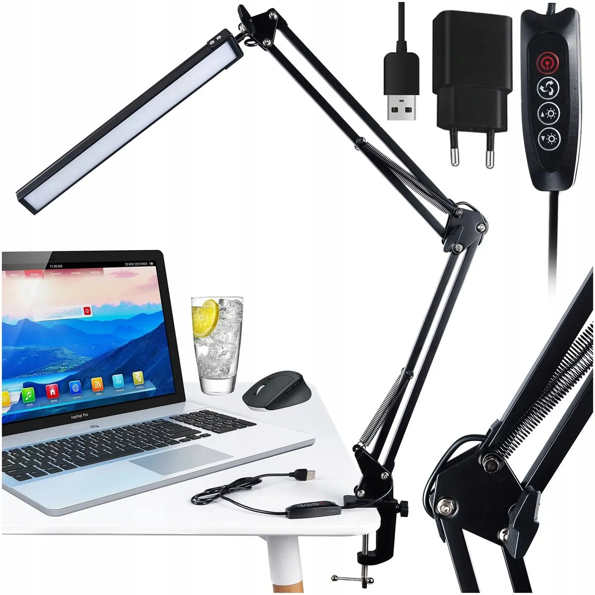 Reguliuojama LED stalinė lempa su laikikliu ir USB jungtimi, tinkama darbo ar skaitymo apšvietimui.