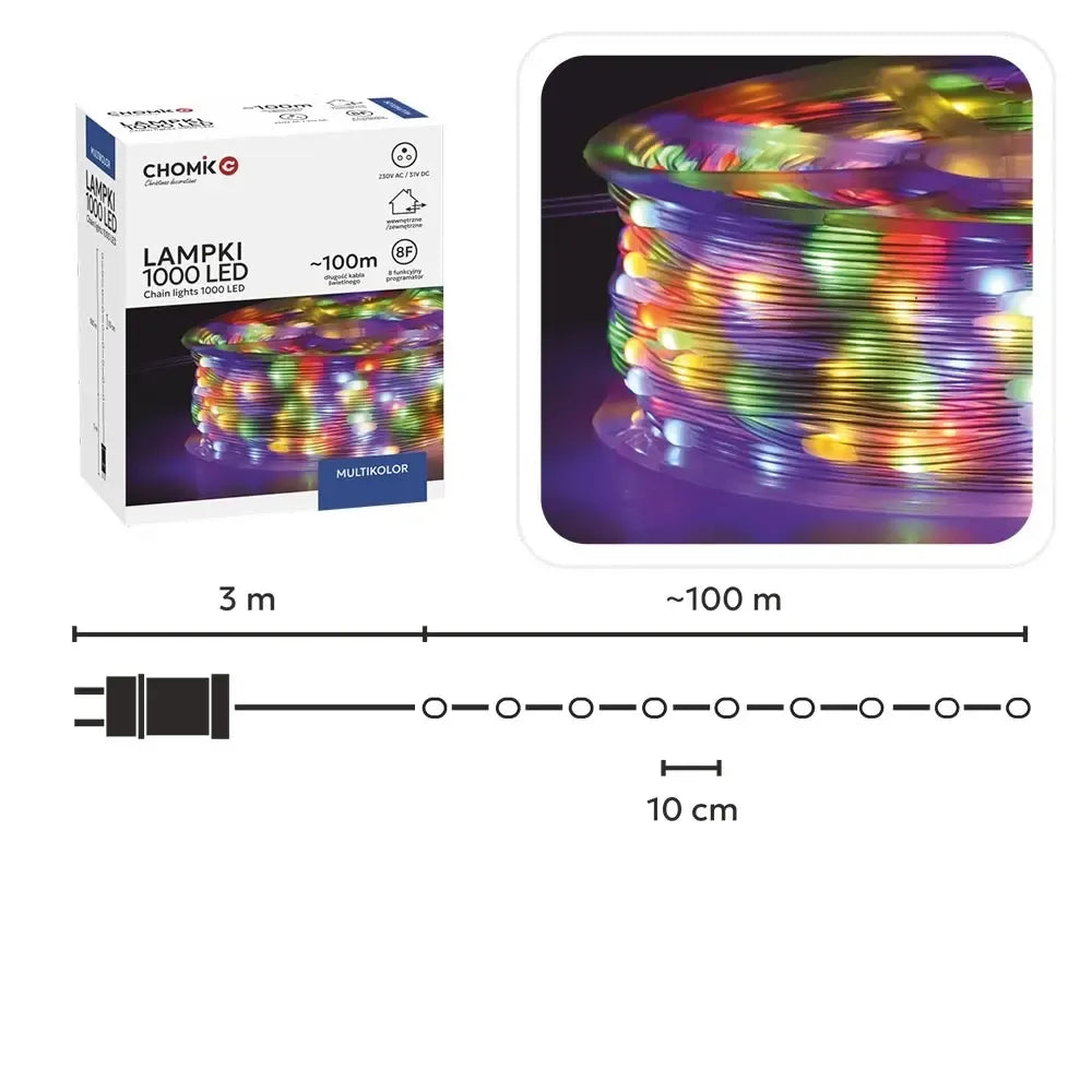 Ilga multikolor LED švieselių girlianda ant ritės, 1000 LED, 100 m ilgio, šviečia įvairiomis spalvomis.