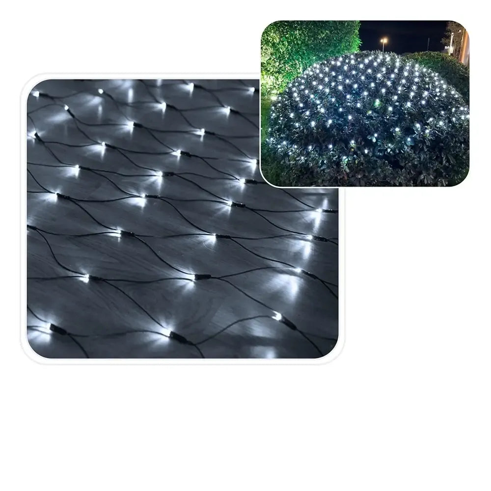 LED švieselių užuolaida-tinklas 320 LED, 3x2 m, šaltai balta, dekoratyvi ir šviesi apšvietimo detalė.
