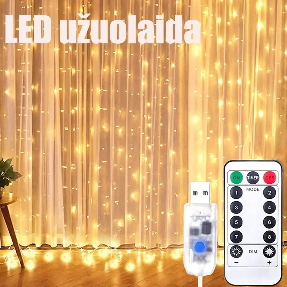 Šiltai balta LED USB užuolaida-girlianda, 3×3 m, 300 LED, kabančio apšvietimo dekoras patalpoms ir renginiams