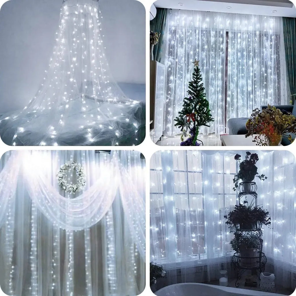 LED USB užuolaida girlianda 3x3 m, šaltai balta, apšviečianti namų ar vakarėlių erdves, su juostomis ir jungtimis.
