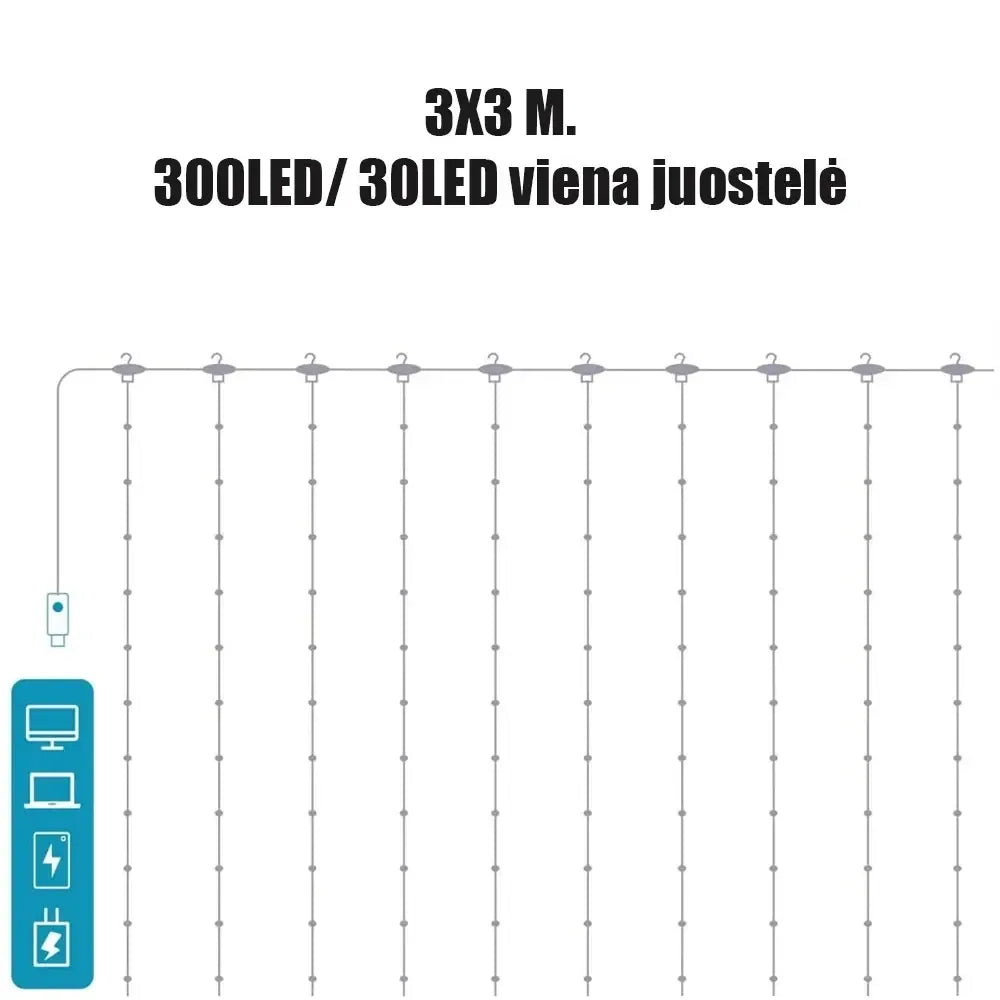Spalvota LED USB užuolaida girlianda su šviesomis, skirta dekoracijoms ir apšvietimui namuose ar renginiuose.