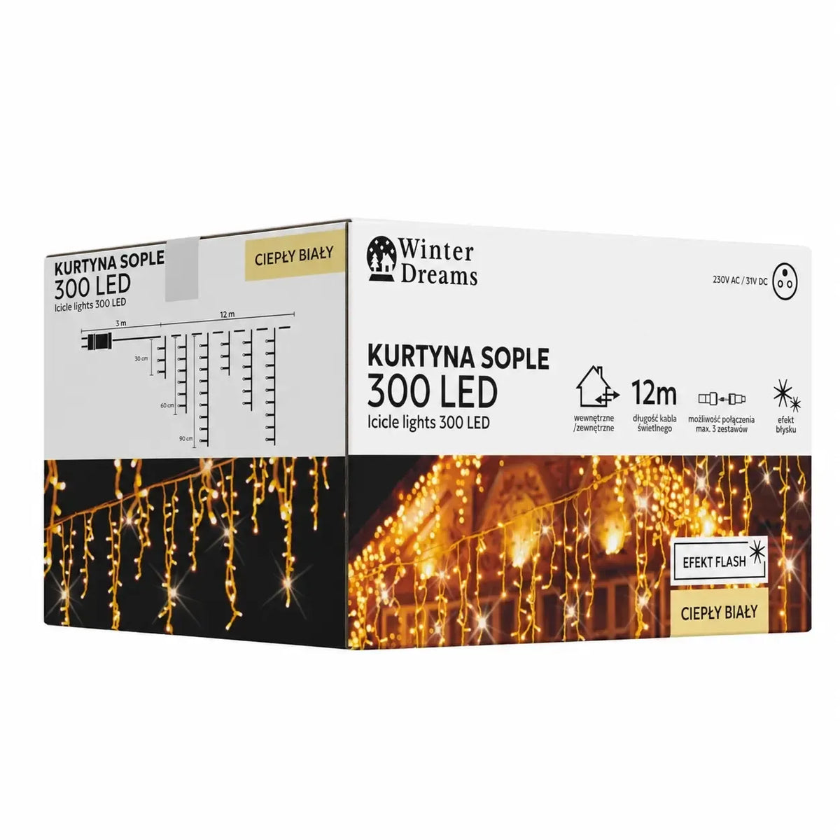 Šiltai balta LED varveklių užuolaida su 300 LED, 12 m ilgio, su blyksniais dekoratyviniam apšvietimui.