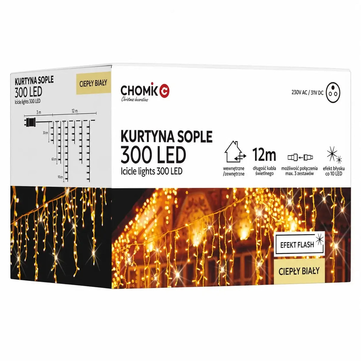 Šiltai balta LED varveklių užuolaida su 300 LED, 12 m ilgio, su blyksniais, namų apšvietimui ir dekoracijoms.