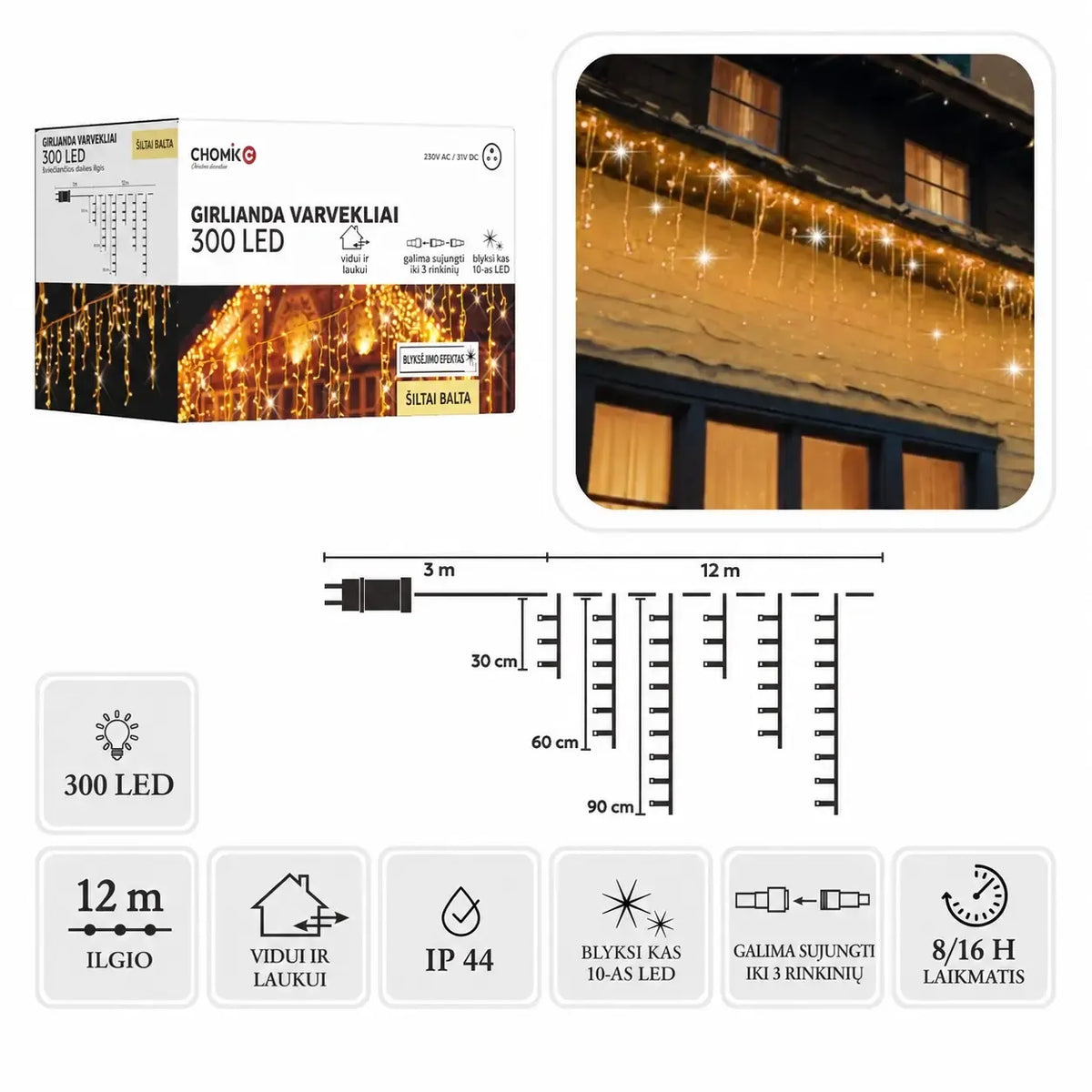 Šiltai balta LED varveklių užuolaida su 300 LED šviesų, 12 m ilgio, su blyksniais, dekoratyvi apšvietimo priemonė.