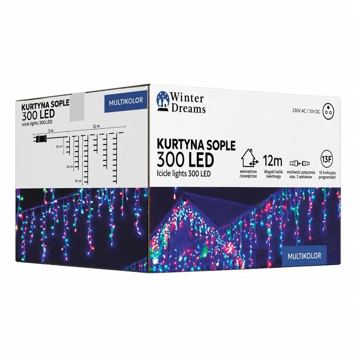 Spalvota LED varveklių užuolaida su 300 LED, 12 m ilgio, namų apdailai ir šventėms, ryškių šviesų dekoracija.