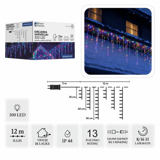 Spalvota LED varveklių užuolaida su 300 LED, 12 m ilgio, šviesiai apšviesta dekoratyvinė apšvietimo užuolaida.
