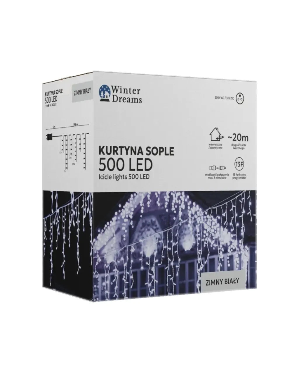 Šaltai balta LED varveklių užuolaida, 500 LED, 20 m ilgio apšvietimas, išdėstytas vėrinčiais.