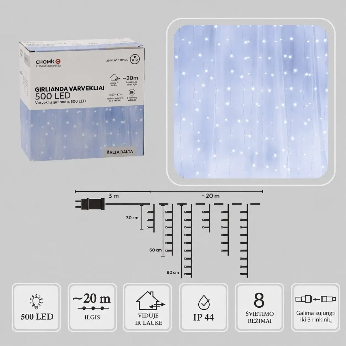 Šaltai baltos LED varveklių užuolaidos apšvietimas, 20 m ilgio, 500 LED žibintų dekoratyviai apšviečia erdvę