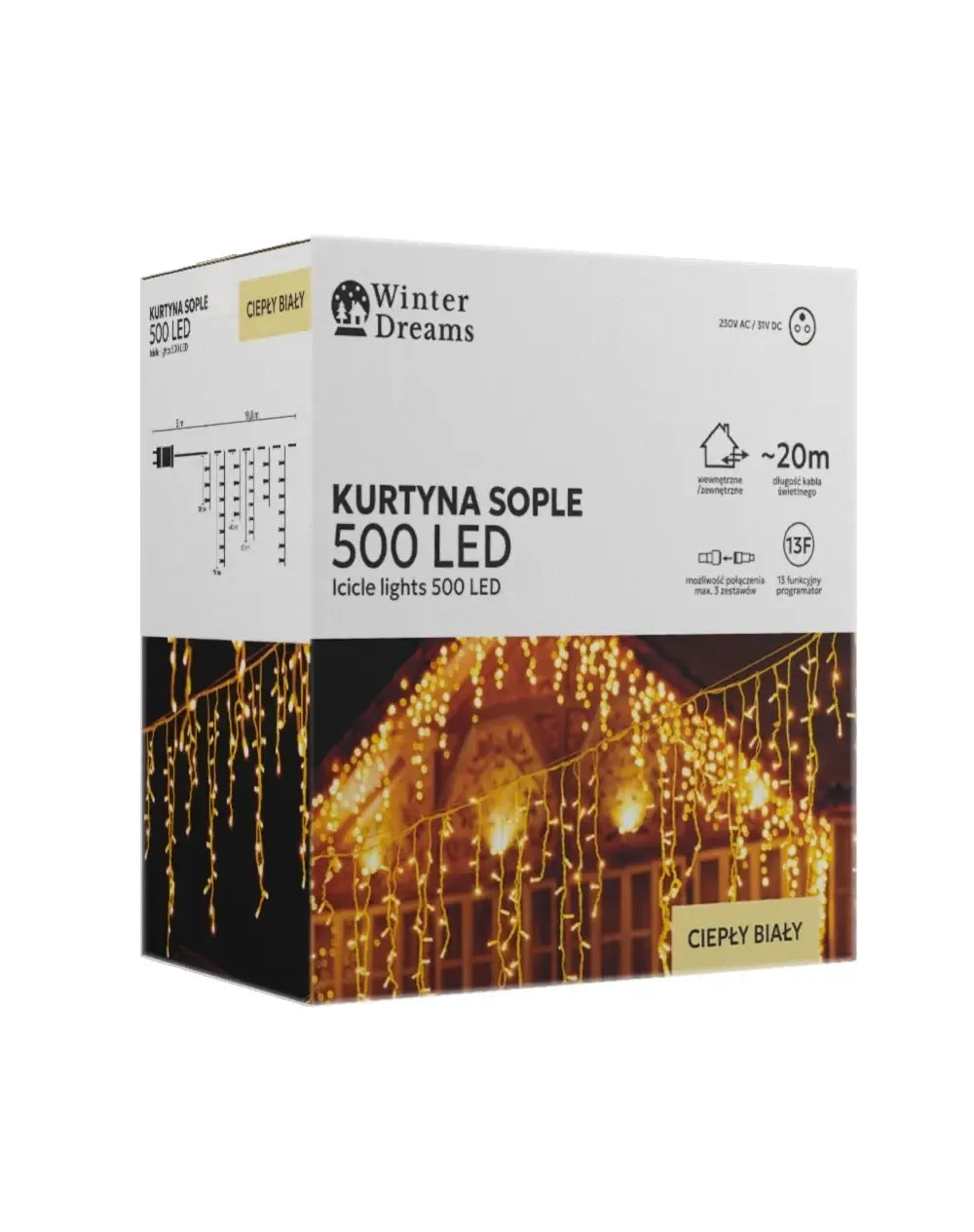 Šilta balta LED vėduoklių užuolaida su 500 LED diodų, 20 m ilgio, namų apšvietimui ir dekoracijoms.