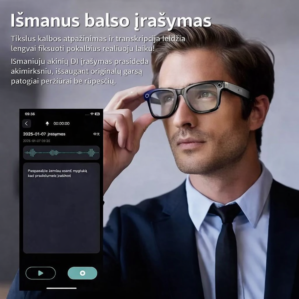 Dirbtinio intelekto filmavimo akiniai Lektro.lt, su moderniu dizainu ir apsauga nuo saulės, inovatyvi technologija filmavimui.