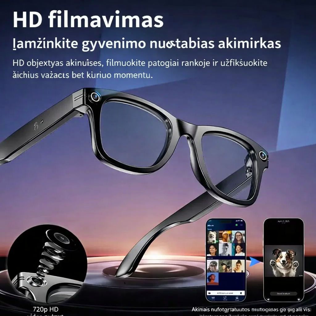 Dirbtinio intelekto filmavimo akiniai Lektro.lt su saulės apsauga ir moderniu dizainu, skirti įrašyti vaizdą.