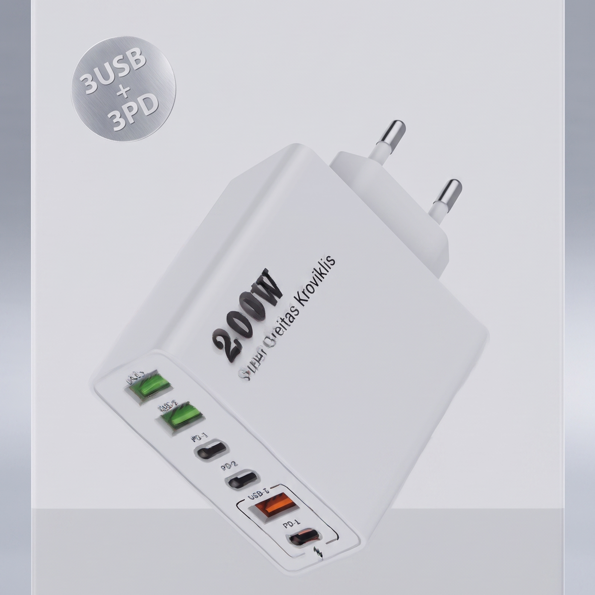 Lektro.lt įkroviklis su 6 USB jungtimis, sidabrinis ir juodas, patogus naudoti ir greitai įkrauti kelis įrenginius.