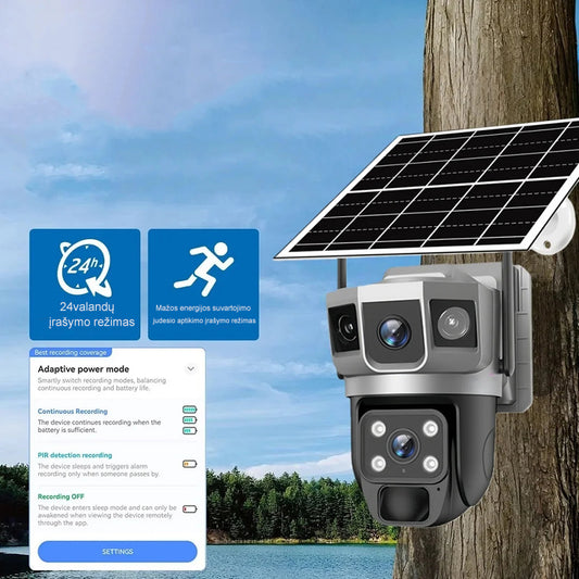 Belaidė 4G kamera su signalizacija, matoma iš anksto apšviesto kameros objektyvo ir signalizacijos jungčių.